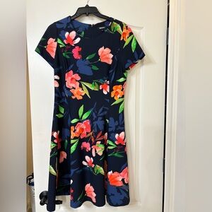 DKNY Navy Floral Fit-and-Flare Dress with Pink, Coral & Green Accents